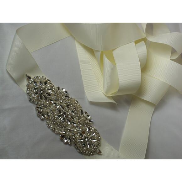 Rhinestone wedding dress belt sash, rhinestone applique ivory bridal sash belt, - Picture 3 of 7